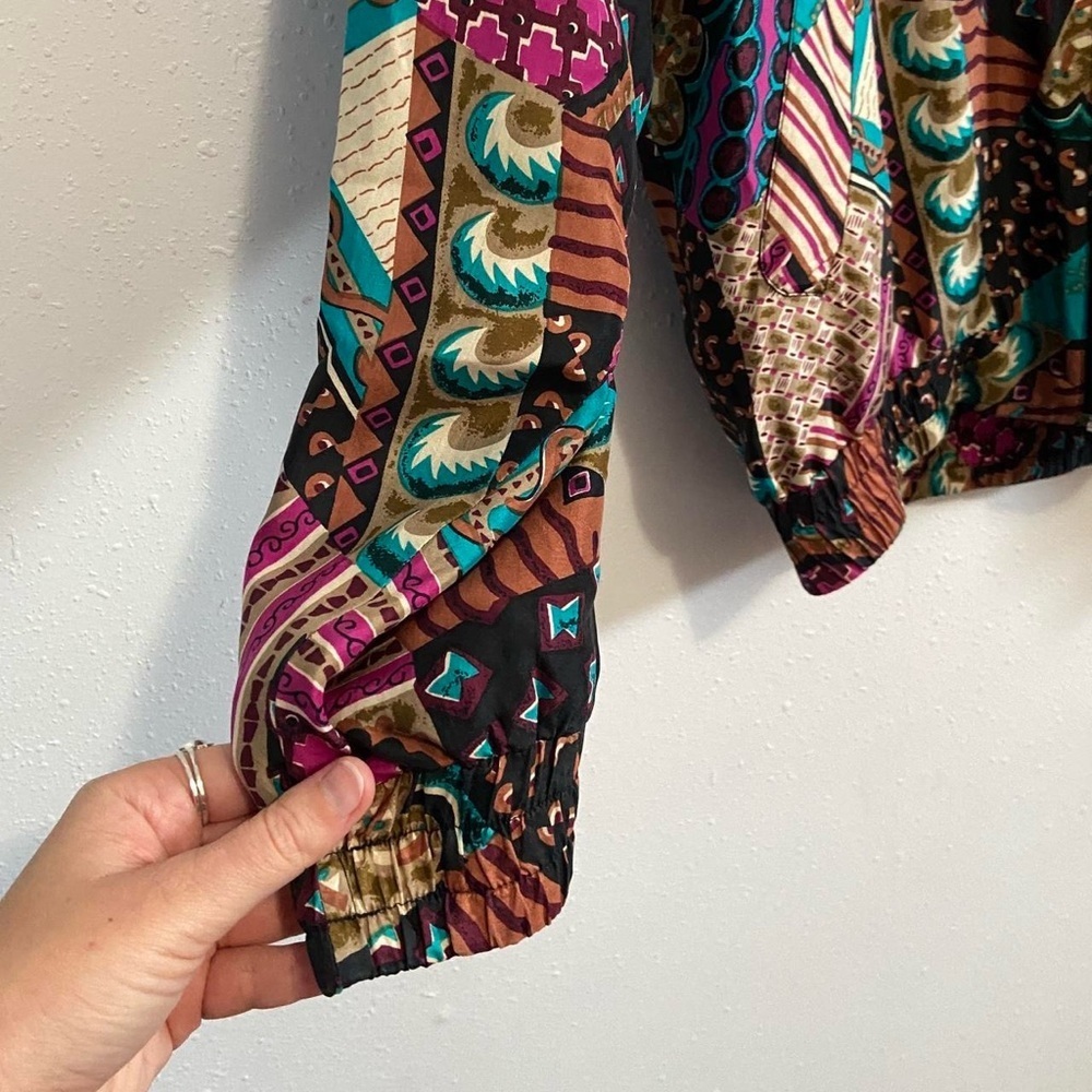 Vintage 80s Oleg Cassini Silk Multicolor Patchwork Bomber Jacket - Picture 3 of 5